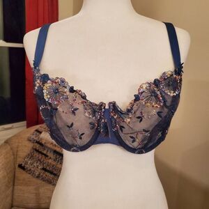 Chantelle Lace Sheer Blue Floral Bra Size 36DDD